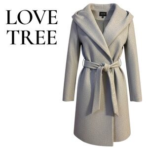 Love Tree Gray Hooded Belted Wrap Coat Minimalist Longline Jacket Size L